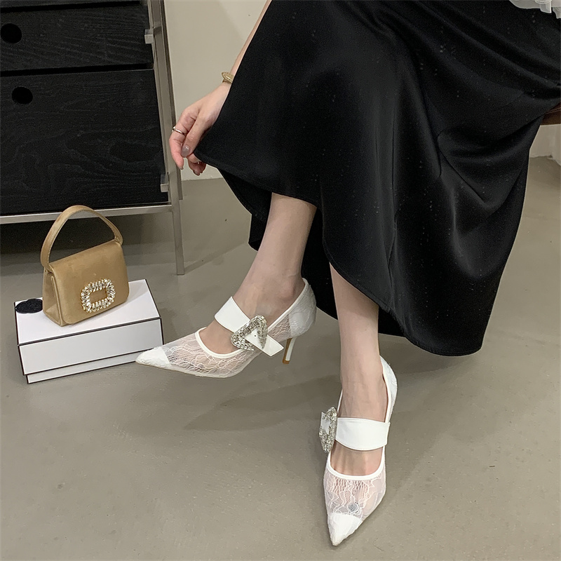 2026 Autumn New French Style Lace Sexy Rhinestone One-Strap High Heels for Women - Image 2