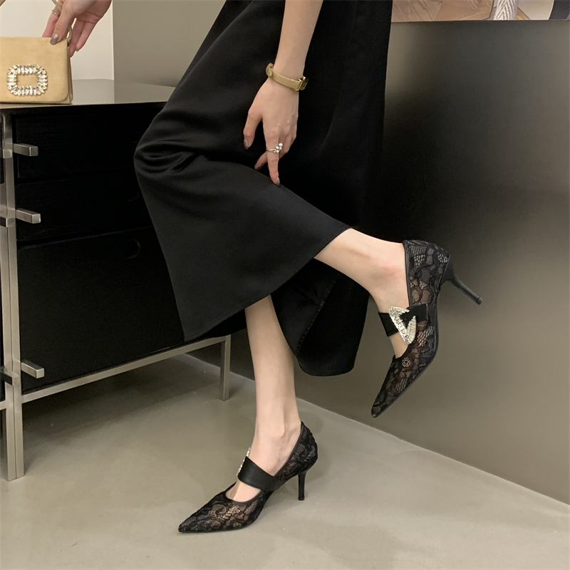 2026 Autumn New French Style Lace Sexy Rhinestone One-Strap High Heels for Women - Image 4