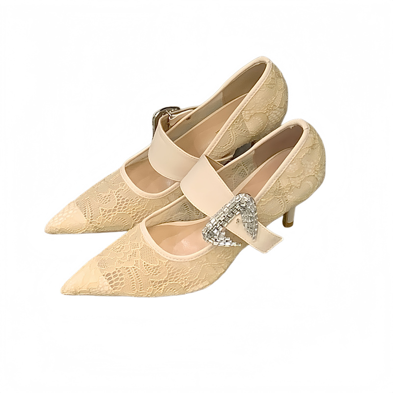 2026 Autumn New French Style Lace Sexy Rhinestone One-Strap High Heels for Women - Image 5