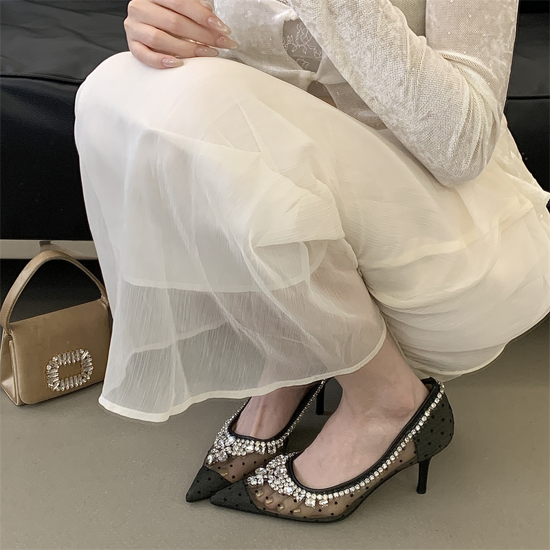 2026 Autumn New Rhinestone Polka Dot Mesh High Heels Pointed Toe Sexy Women's Shoes - Image 3