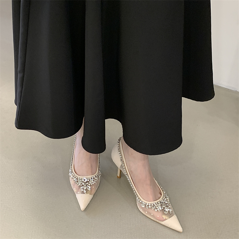 2026 Autumn New Rhinestone Polka Dot Mesh High Heels Pointed Toe Sexy Women's Shoes - Image 4
