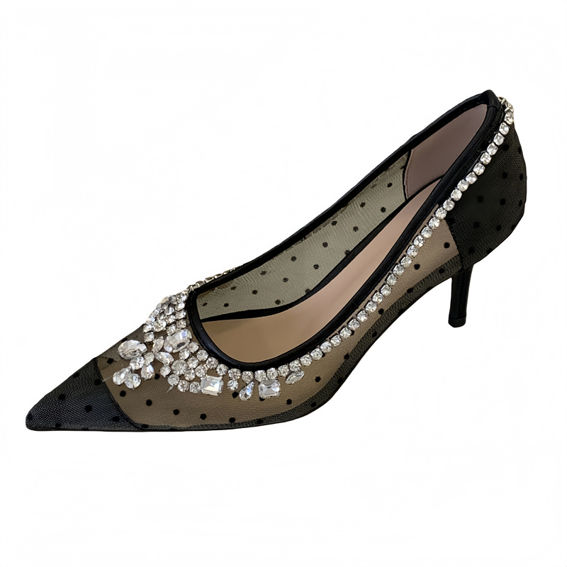2026 Autumn New Rhinestone Polka Dot Mesh High Heels Pointed Toe Sexy Women's Shoes - Image 5