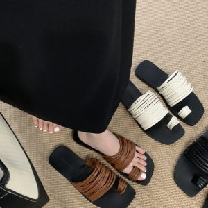 Bean Toe Flat Beach Sandals for Women 2024 Summer New Square Toe Slippers Casual PU Leather
