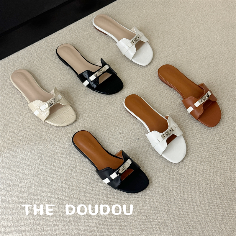 DOUDOU Korean Metal Buckle Flat Slippers Elegant Open Toe Hollow Out Women Summer Slippers - Image 2