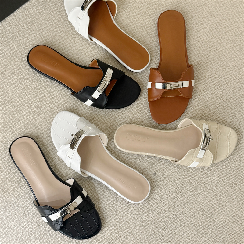 DOUDOU Korean Metal Buckle Flat Slippers Elegant Open Toe Hollow Out Women Summer Slippers - Image 3