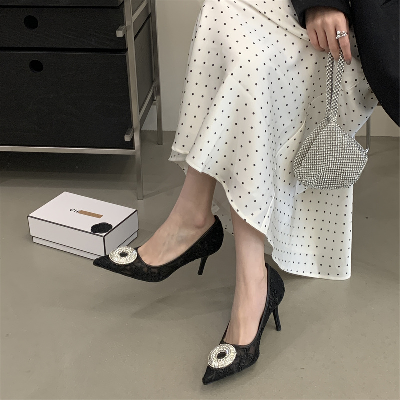 Romantic Lace High Heel Shoes for Women Pointed Toe Mesh Rhinestone Sexy Low Cut Thin Heel Embroidered - Image 2