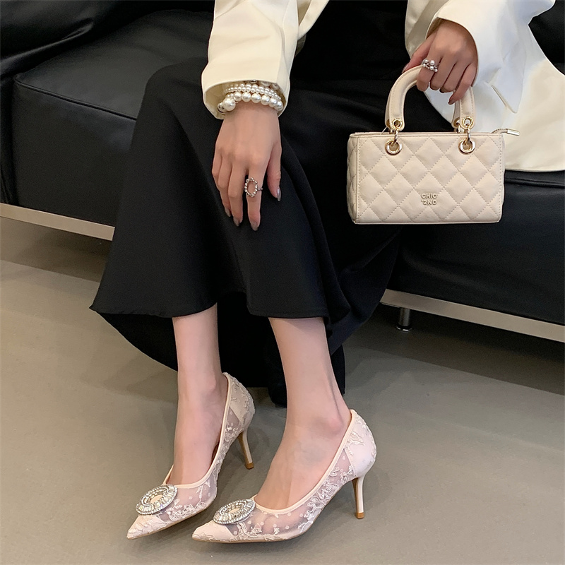 Romantic Lace High Heel Shoes for Women Pointed Toe Mesh Rhinestone Sexy Low Cut Thin Heel Embroidered - Image 3