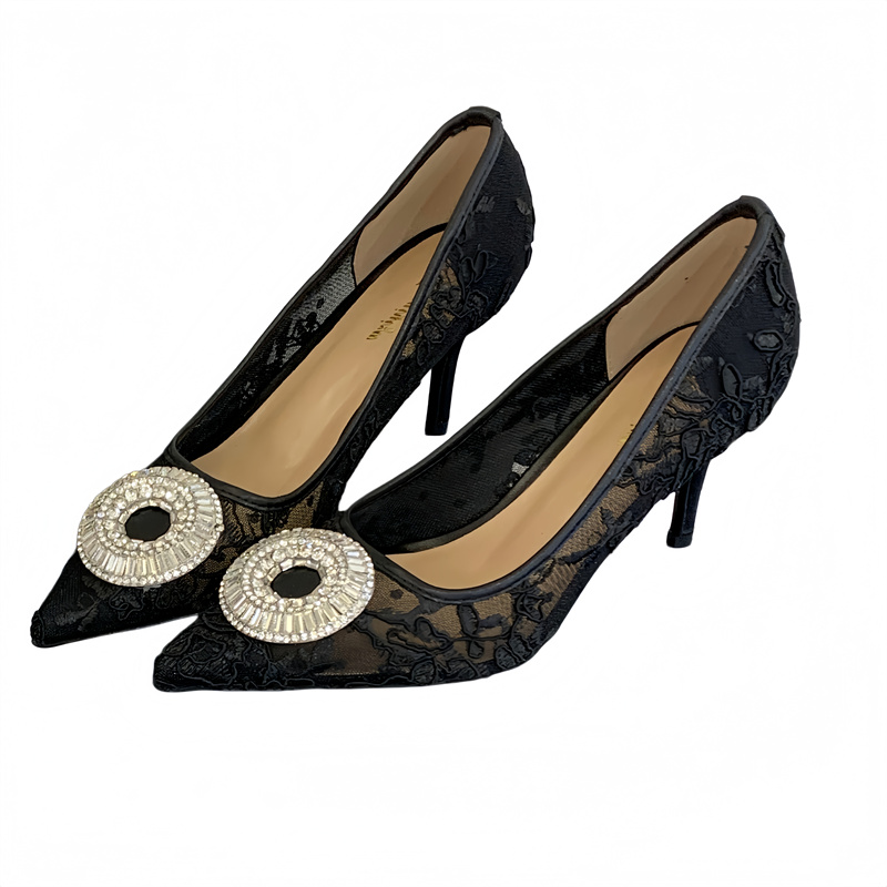 Romantic Lace High Heel Shoes for Women Pointed Toe Mesh Rhinestone Sexy Low Cut Thin Heel Embroidered - Image 5