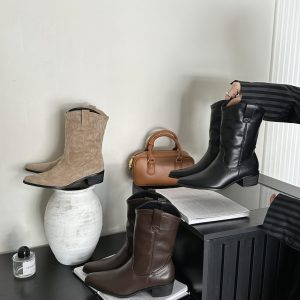 SIZHUONI Retro Chunky Heel Mid-Calf Western Cowboy Boots for Women 2024 Winter Short Boots